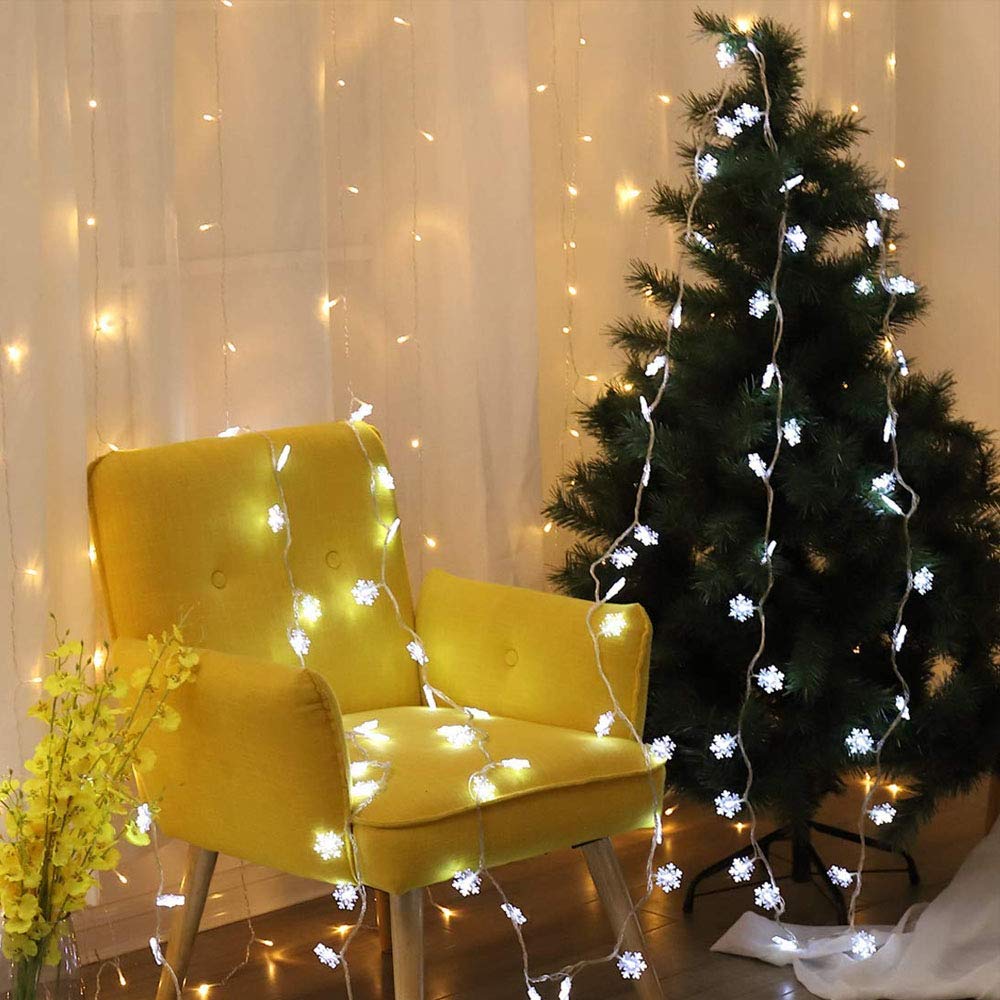 Snowflake Lights, 1.5m to 10m,10 to 80 LED Christmas/Festival Twinkle Snowflake String Lights,Battery Operated, 8 Modes Twinkle Light Waterproof for Outdoor Indoor Tree Room Decor, Warm White 1025