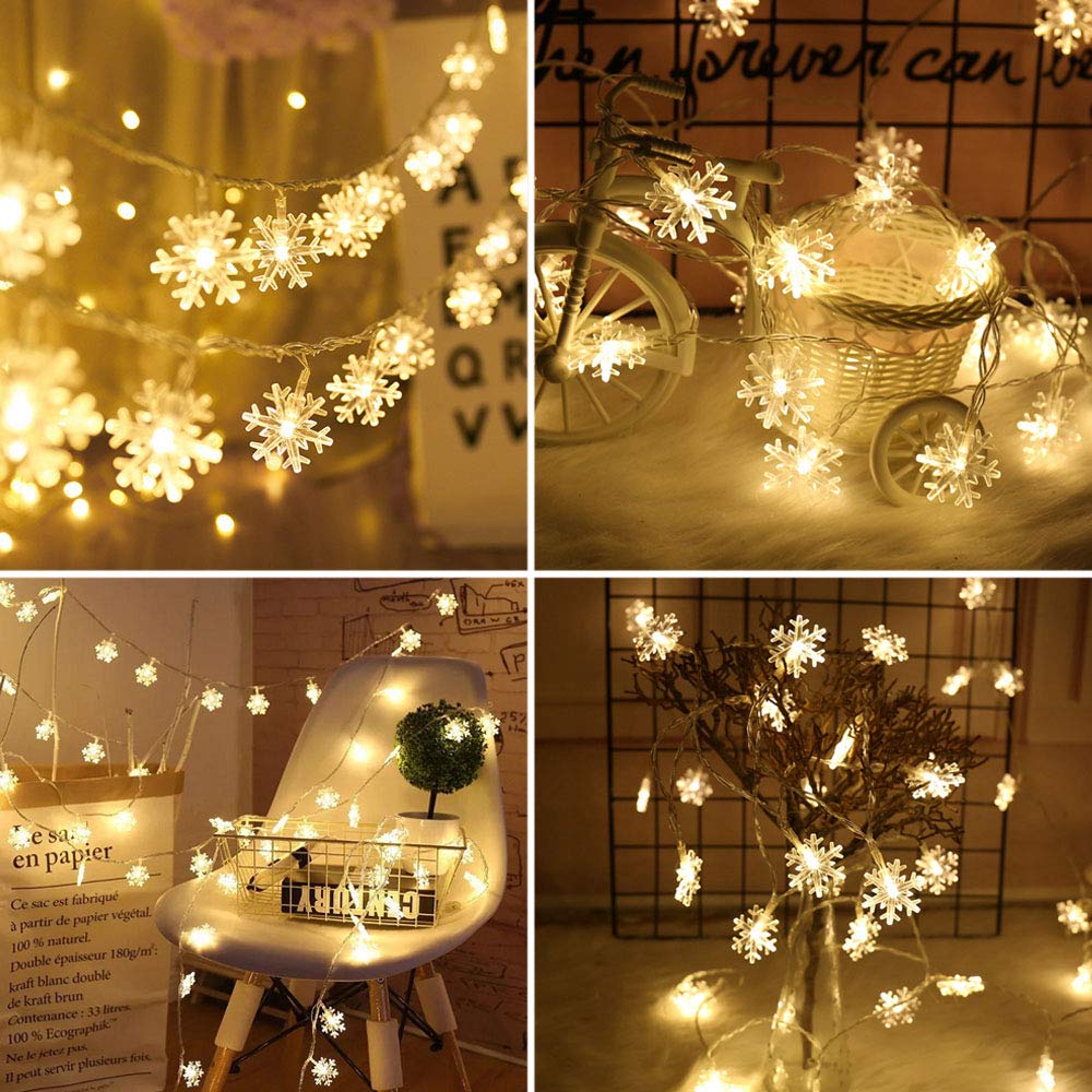 Snowflake Lights, 1.5m to 10m,10 to 80 LED Christmas/Festival Twinkle Snowflake String Lights,Battery Operated, 8 Modes Twinkle Light Waterproof for Outdoor Indoor Tree Room Decor, Warm White 1025