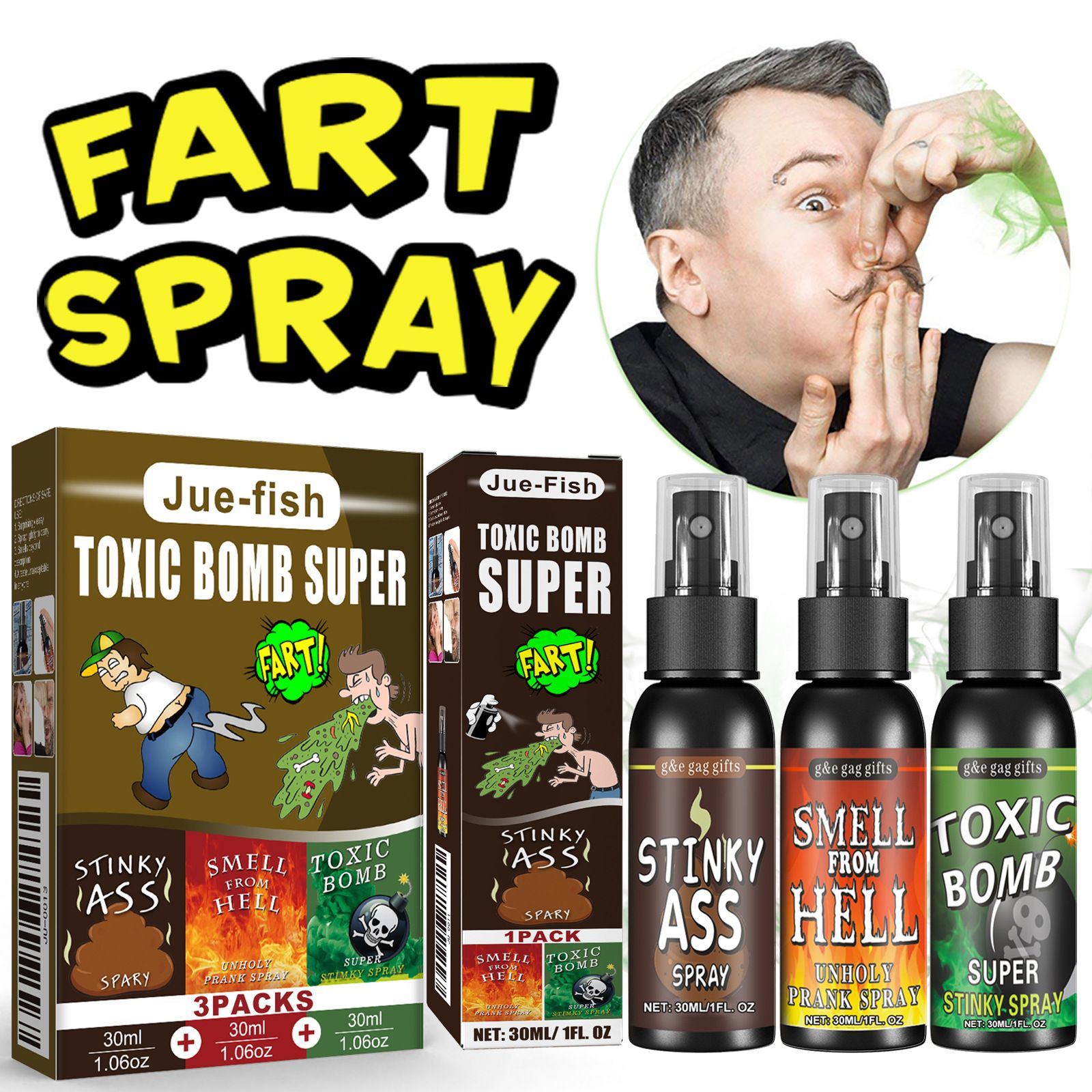 3PCS Fart Spray Extra Strong Long Lasting, Fart Spray for Pranks, Liquid Assfart Spray, Funny Gag Gifts for Adults or Kids, Stink Spray Kit for Adult or Children's Toys,Prank Adult Jokes Gift