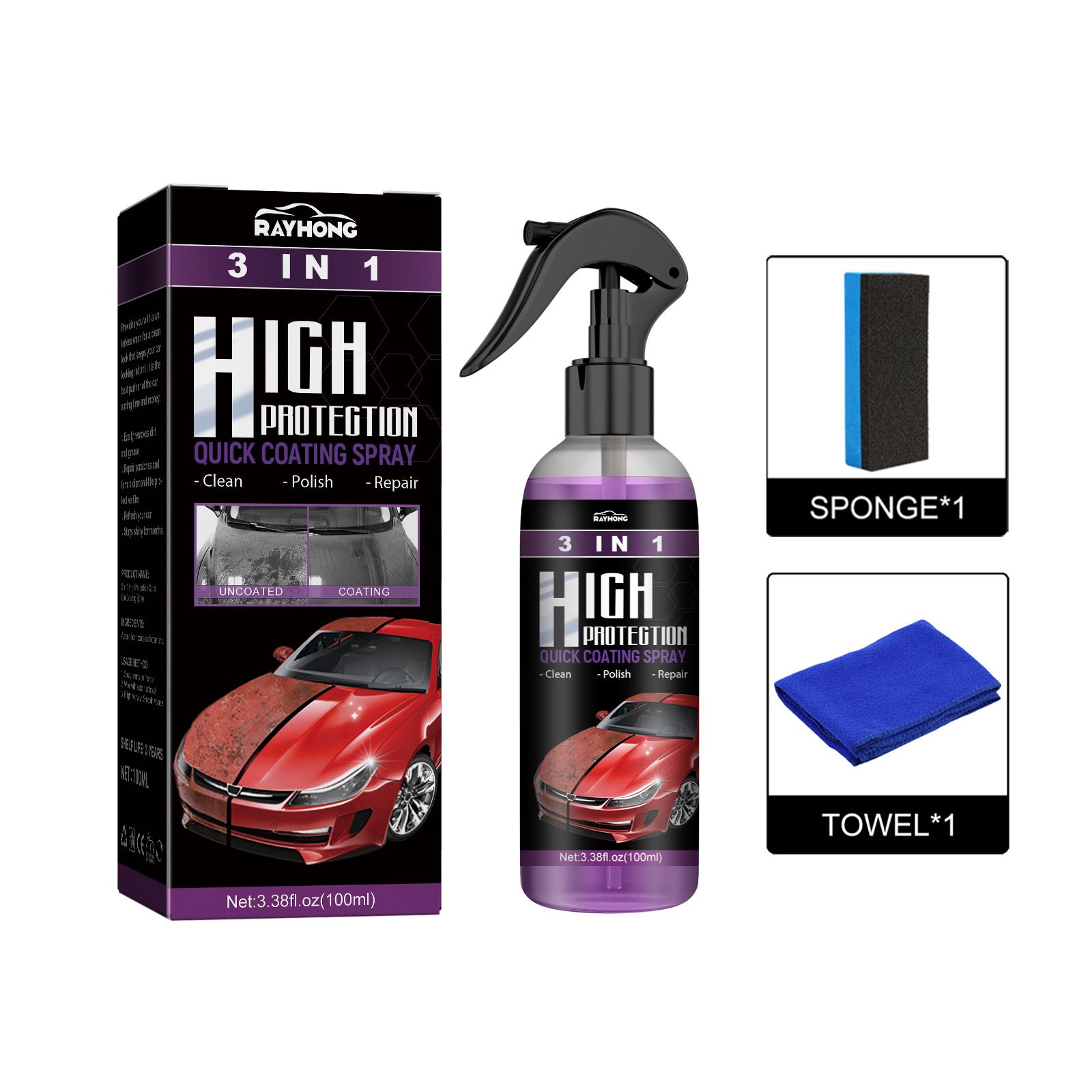 3 in 1 High Protection Quick Coating Spray,3 in 1 High Protection Fast Car Ceramic Coating Spray, Car Scratch Nano Repair Spray, Fast car Coating Spray, Easy to use and Clean,Fast fine Scratch Repair