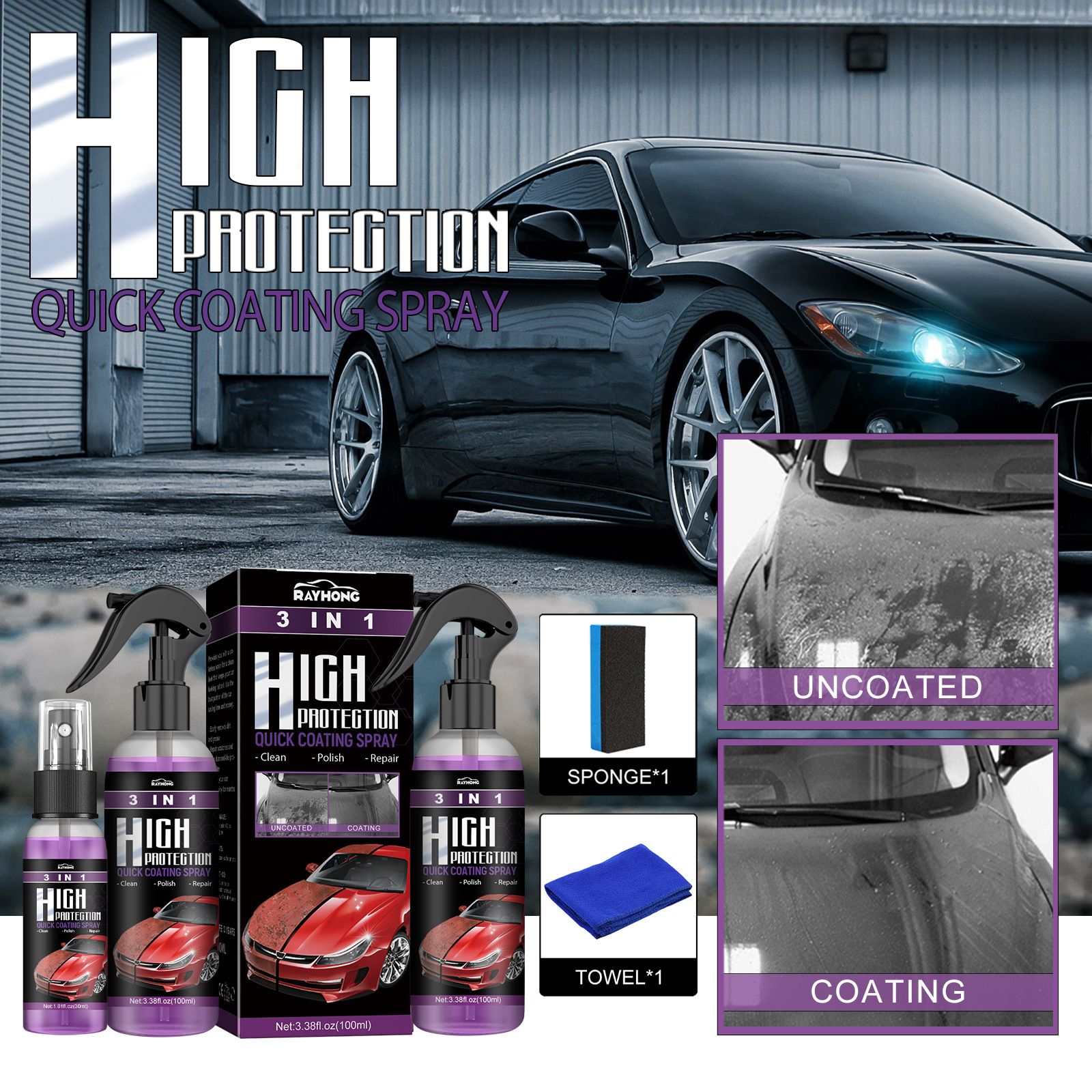 3 in 1 High Protection Quick Coating Spray,3 in 1 High Protection Fast Car Ceramic Coating Spray, Car Scratch Nano Repair Spray, Fast car Coating Spray, Easy to use and Clean,Fast fine Scratch Repair