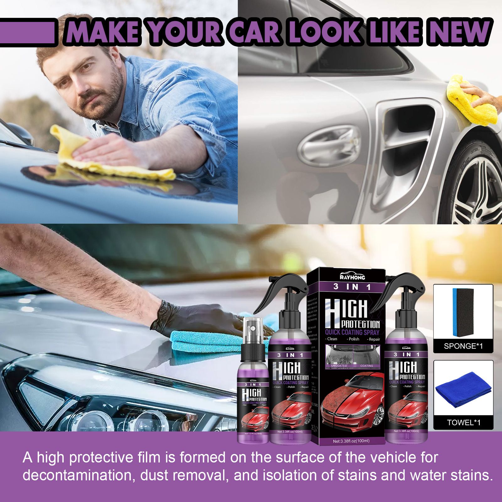 3 in 1 High Protection Quick Coating Spray,3 in 1 High Protection Fast Car Ceramic Coating Spray, Car Scratch Nano Repair Spray, Fast car Coating Spray, Easy to use and Clean,Fast fine Scratch Repair