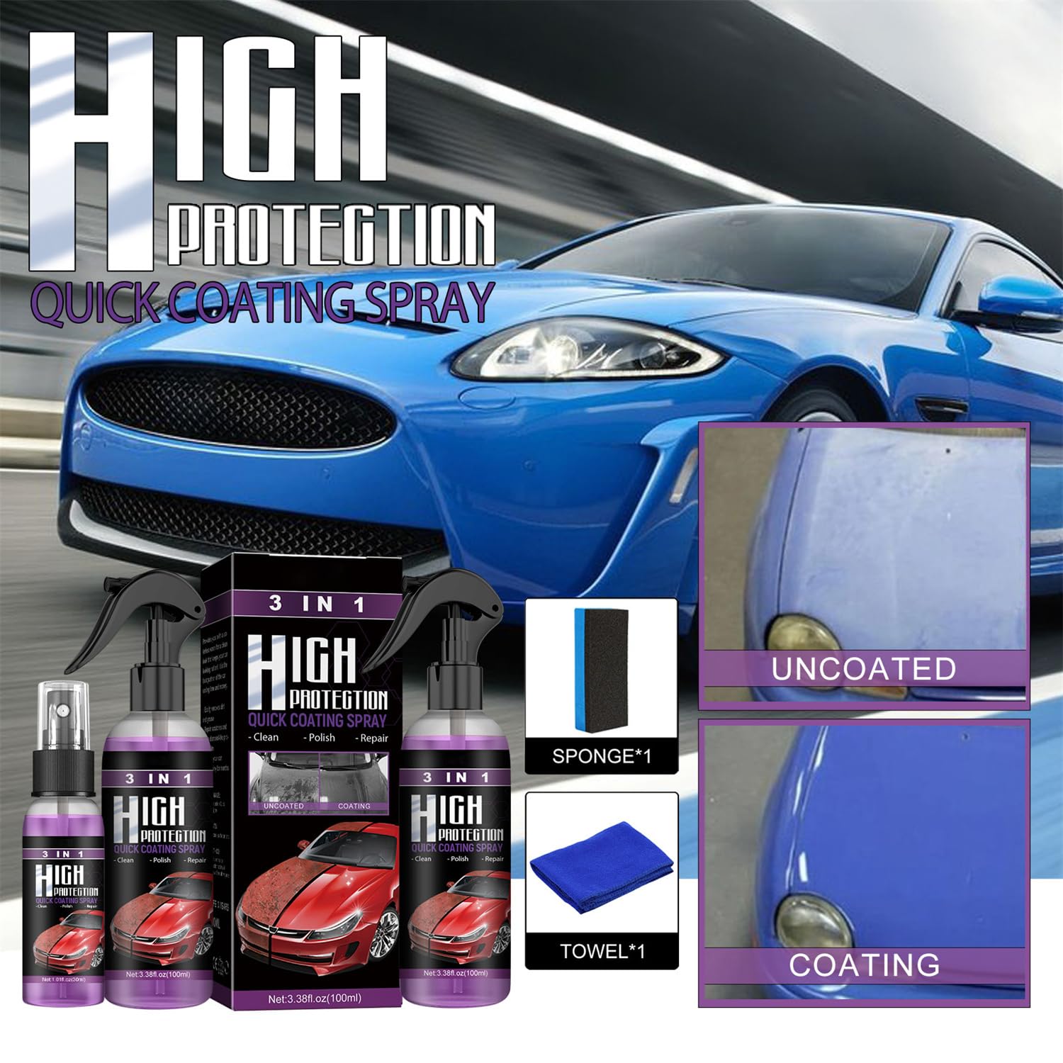 3 in 1 High Protection Quick Coating Spray,3 in 1 High Protection Fast Car Ceramic Coating Spray, Car Scratch Nano Repair Spray, Fast car Coating Spray, Easy to use and Clean,Fast fine Scratch Repair