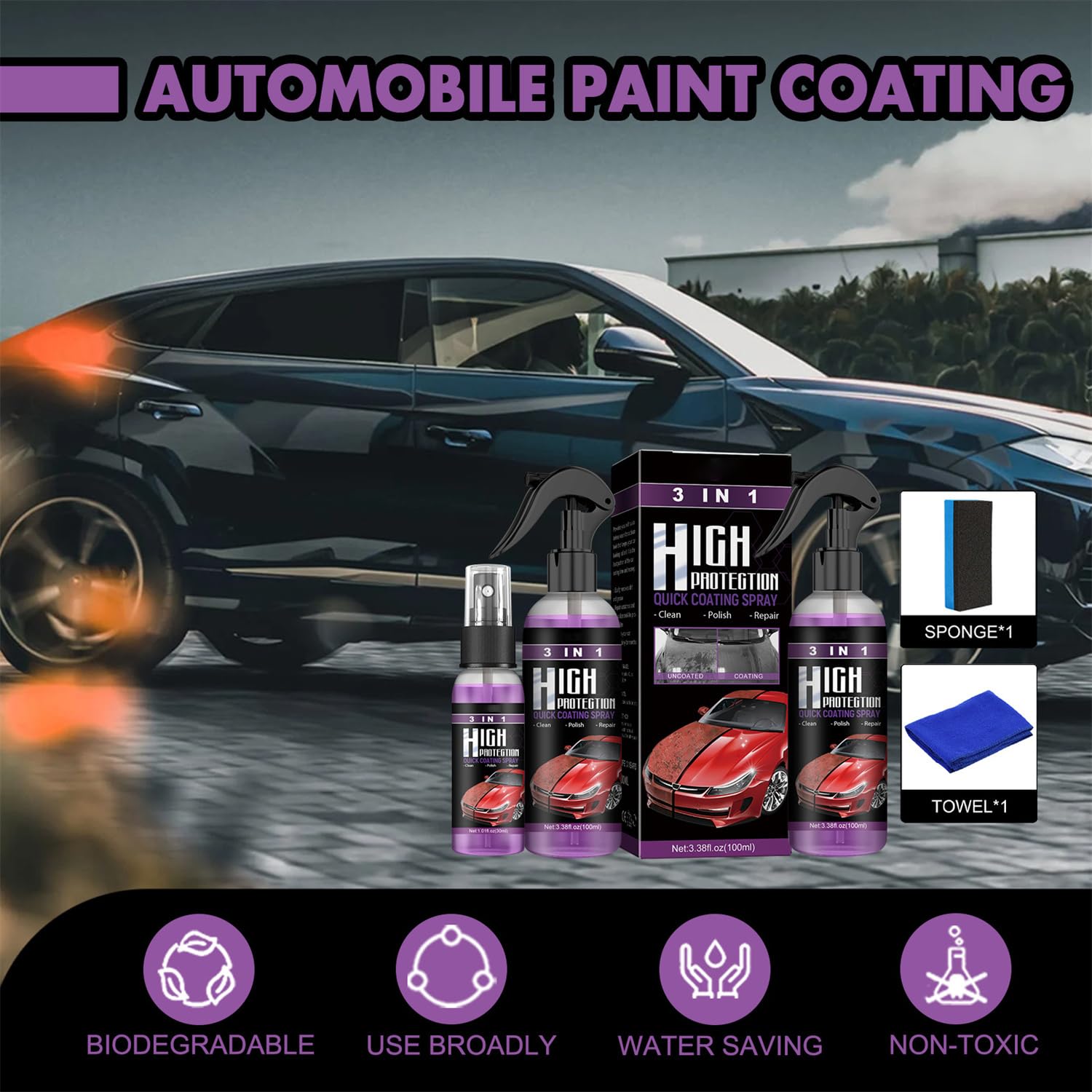 3 in 1 High Protection Quick Coating Spray,3 in 1 High Protection Fast Car Ceramic Coating Spray, Car Scratch Nano Repair Spray, Fast car Coating Spray, Easy to use and Clean,Fast fine Scratch Repair
