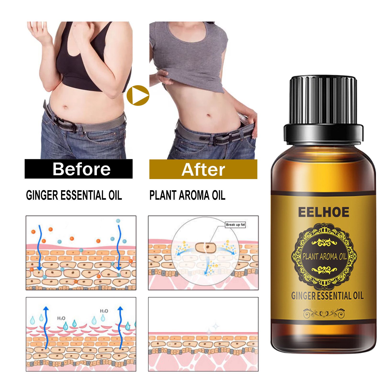 Ginger Slimming Essential Oil, firming and tightening the abdomen, reducing the belly, shaping the thighs and hands of excess fat, natural plant extracts, massage use