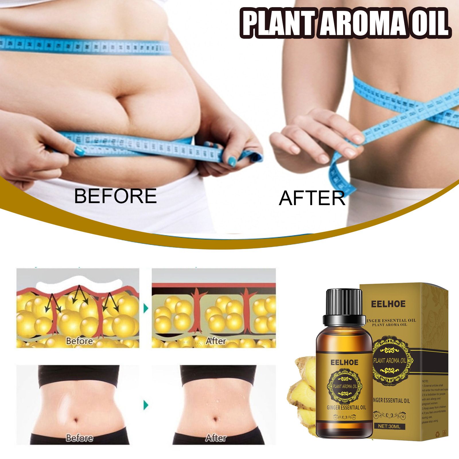 Ginger Slimming Essential Oil, firming and tightening the abdomen, reducing the belly, shaping the thighs and hands of excess fat, natural plant extracts, massage use
