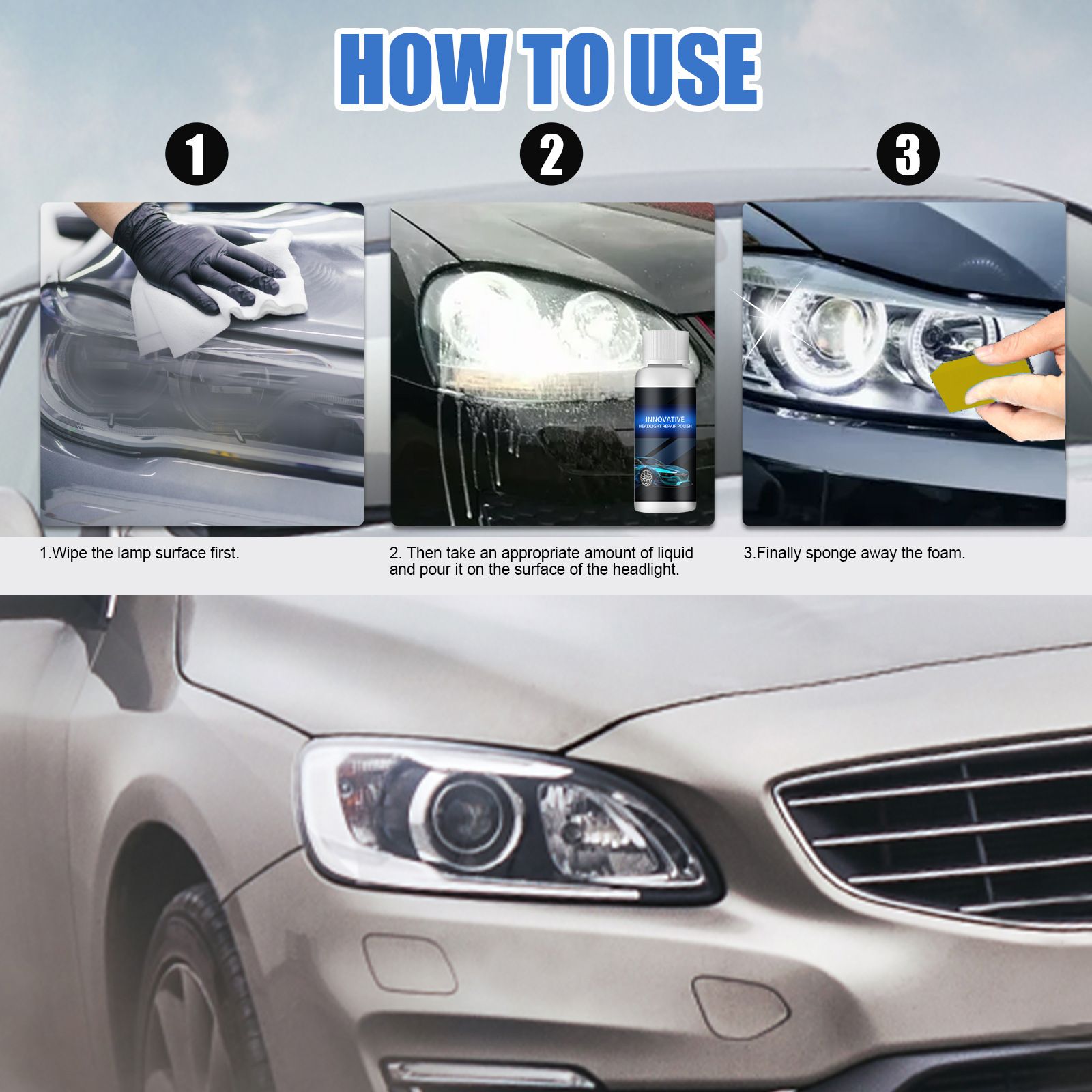 INNOVATIVE HEADLGHT REPAIR POUSH ! Car headlight restoration liquid, car lamp crystallisation refurbishment restorer, lampshade yellow to white bright, fuzzy to clear