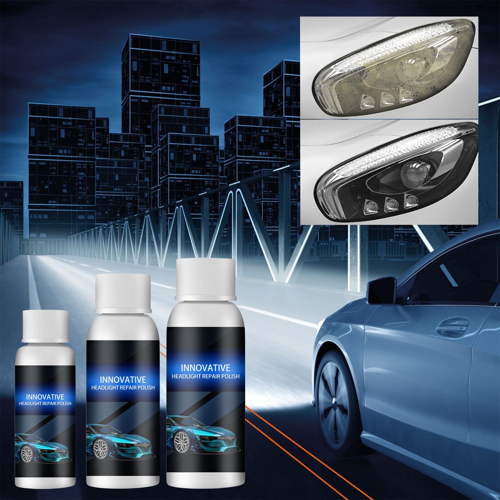 INNOVATIVE HEADLGHT REPAIR POUSH ! Car headlight restoration liquid, car lamp crystallisation refurbishment restorer, lampshade yellow to white bright, fuzzy to clear