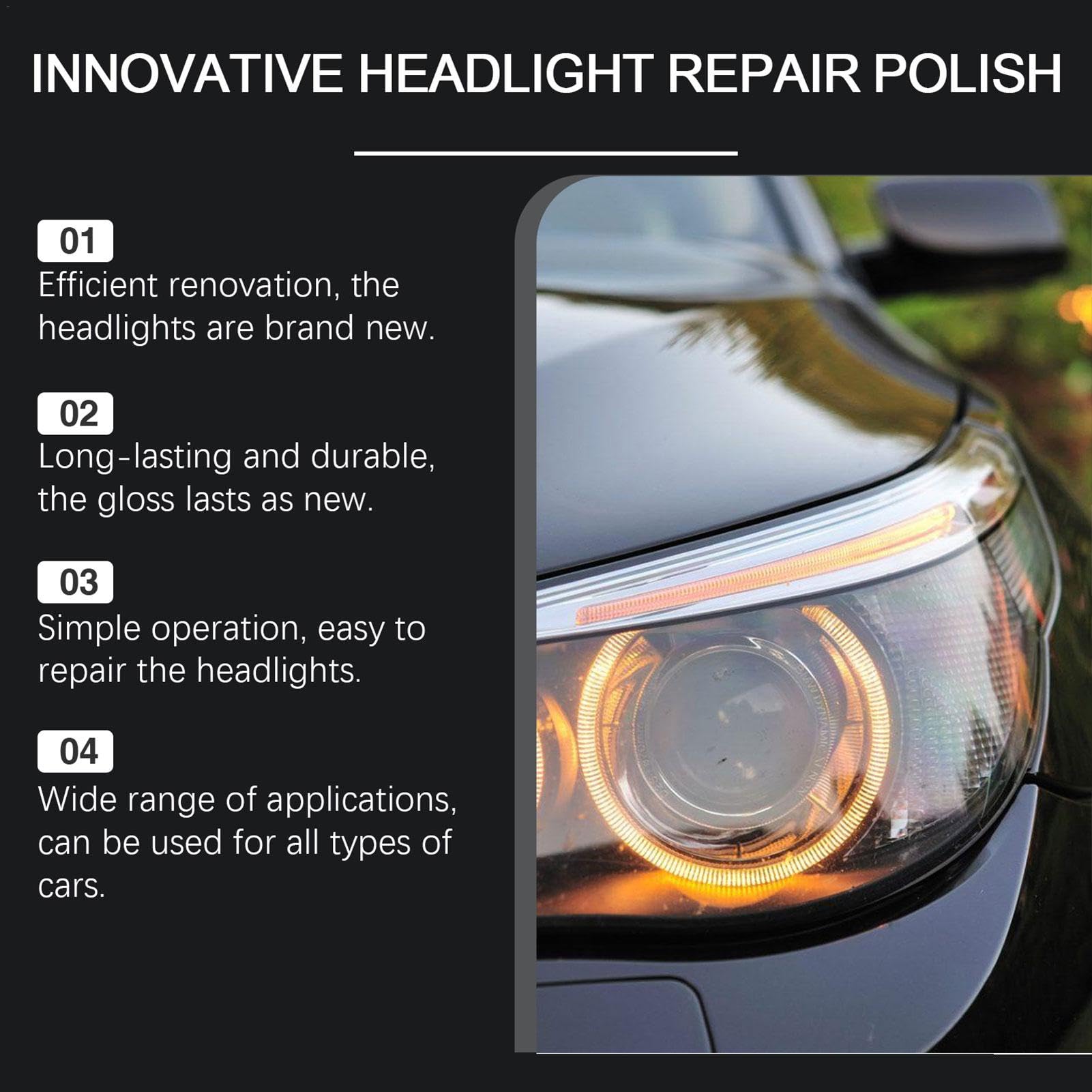 INNOVATIVE HEADLGHT REPAIR POUSH ! Car headlight restoration liquid, car lamp crystallisation refurbishment restorer, lampshade yellow to white bright, fuzzy to clear