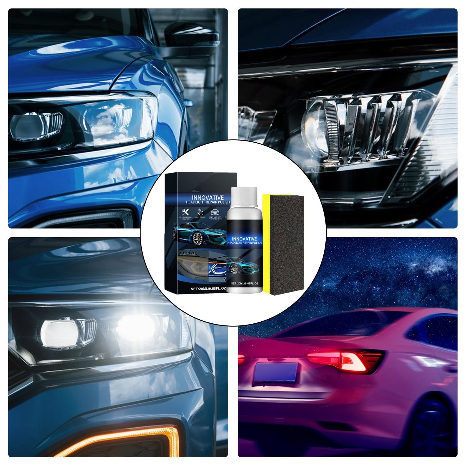 INNOVATIVE HEADLGHT REPAIR POUSH ! Car headlight restoration liquid, car lamp crystallisation refurbishment restorer, lampshade yellow to white bright, fuzzy to clear