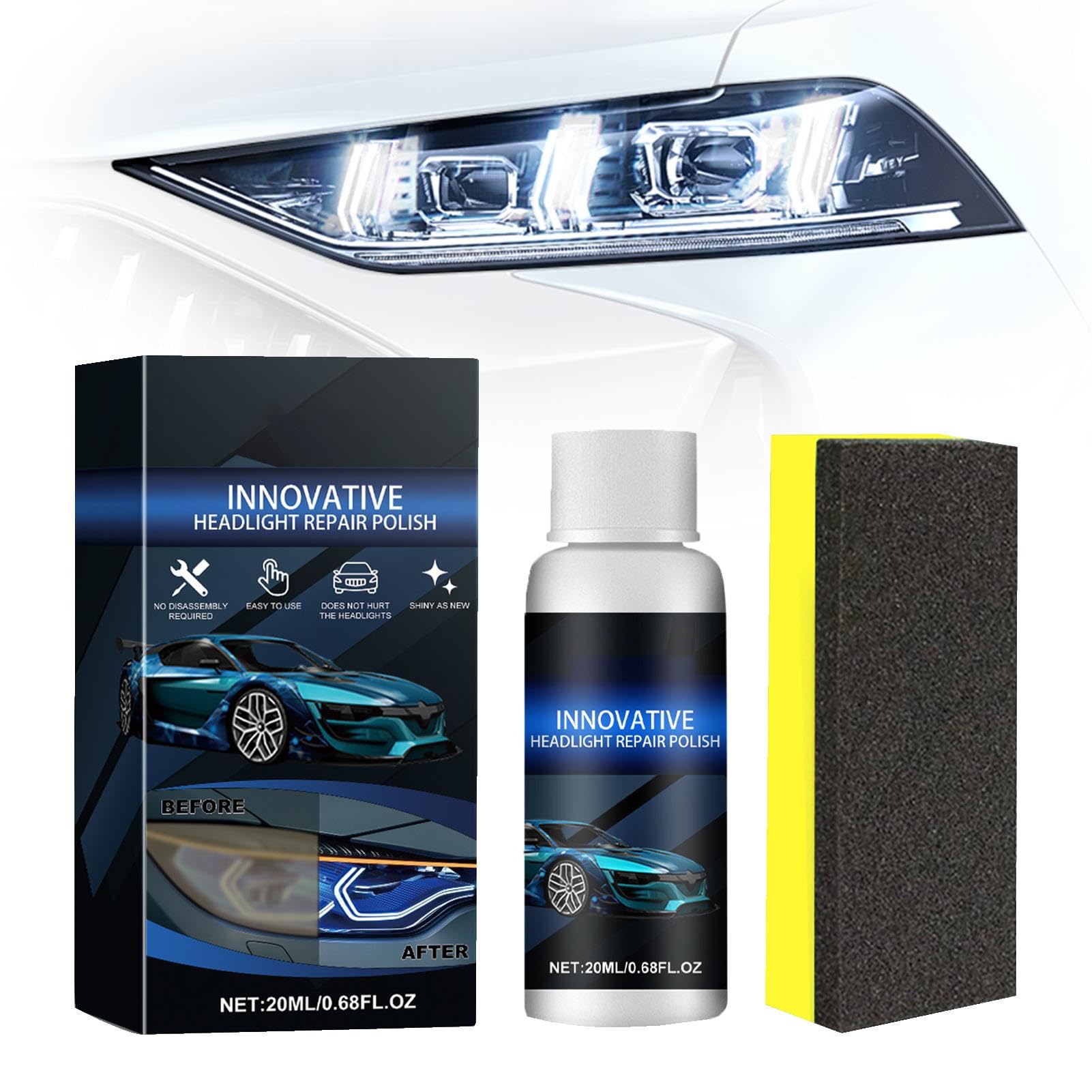 INNOVATIVE HEADLGHT REPAIR POUSH ! Car headlight restoration liquid, car lamp crystallisation refurbishment restorer, lampshade yellow to white bright, fuzzy to clear