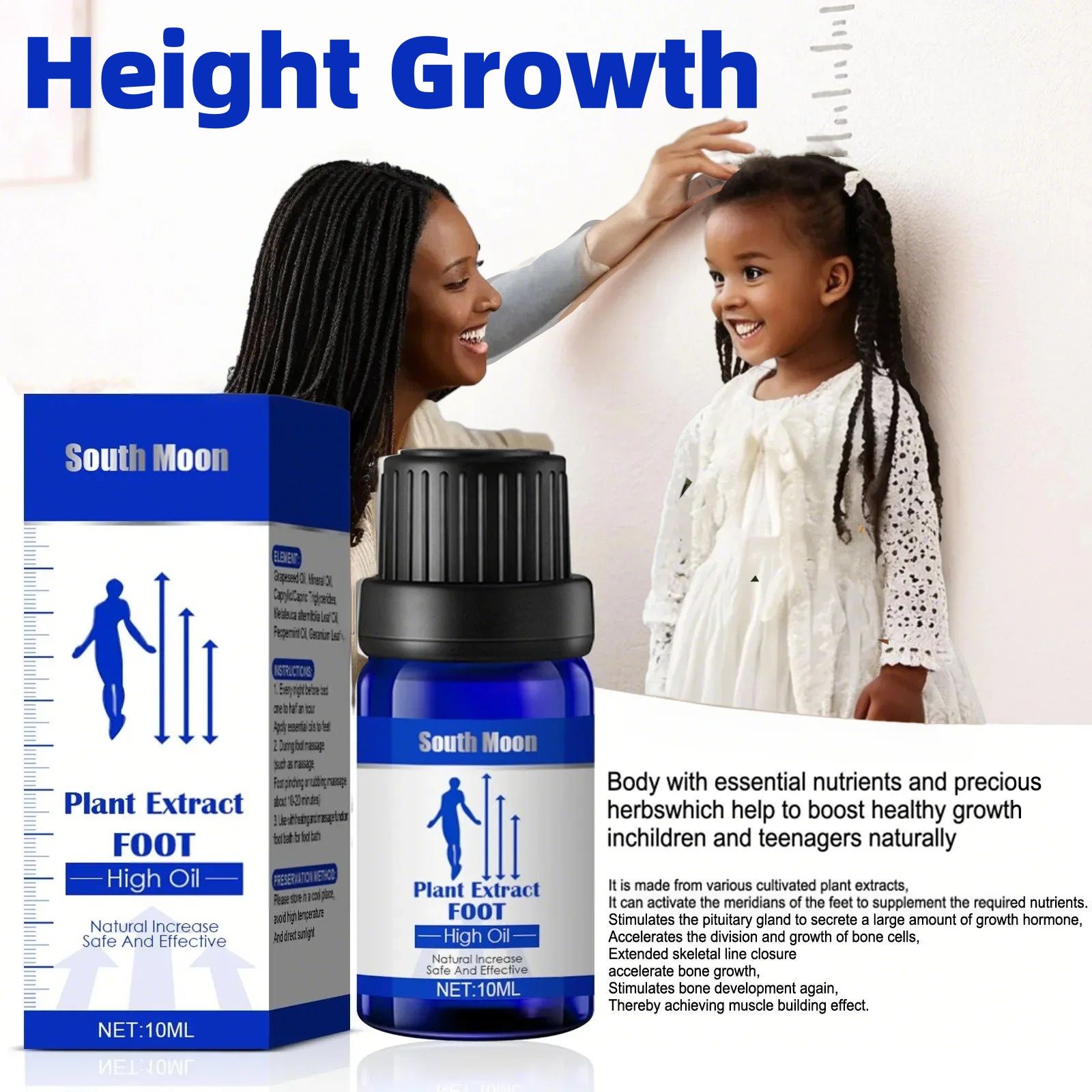 Height Growth Oil, Nature Herbal Increased Essential Oil, 10 ml Height Growth Foot Oil, Safe Mild Strong Permeability Height Increasing Essential Oil for Bone Growth