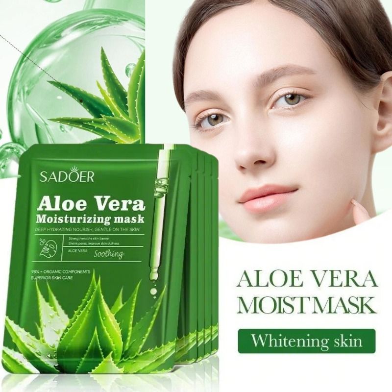 5pcs aloe vera face mask -sadoer skin care set natural plants - moisturize hydrating brightening whitening acne treatment | firming anti-wrinkle deeply nourish smooth anti-dark repair skin