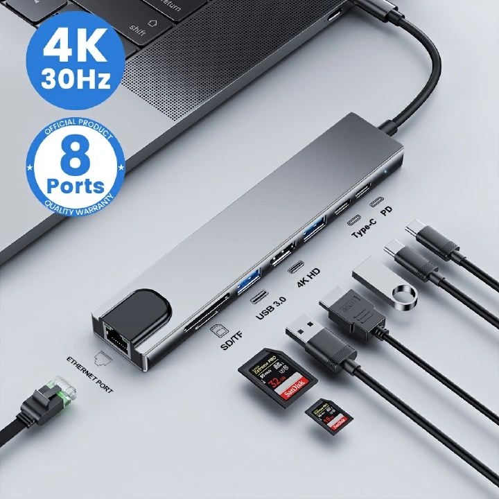 8/6/4in 1 USB HUBS Type-C Splitter To HDMI 4K Thunderbolt 3 Docking Station Laptop Adapter With PD SD TF RJ45 Card Reader PD Fast Charge for MacBook Laptop Computer
