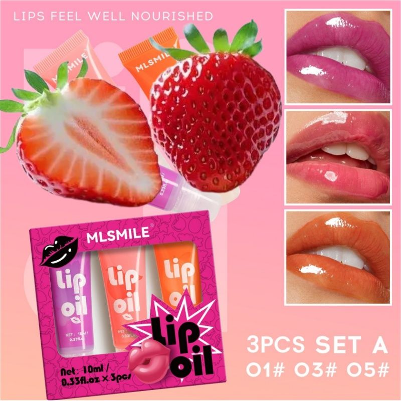 3PCS Strawberry Lip Oil, Glossy Lip Gloss, Fruity Flavors Lip Balm Hydrating Lip Glow Oil, No-sticky Gloss Lip Balm Lip Care, Lip Plumper Gloss, Longlasting Moisturizing Lip Oil C43TC3 A Sets