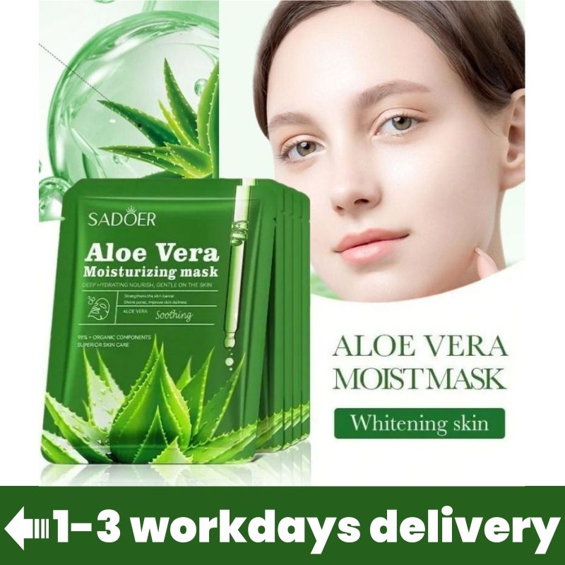 5pcs aloe vera face mask -sadoer skin care set natural plants - moisturize hydrating brightening whitening acne treatment | firming anti-wrinkle deeply nourish smooth anti-dark repair skin
