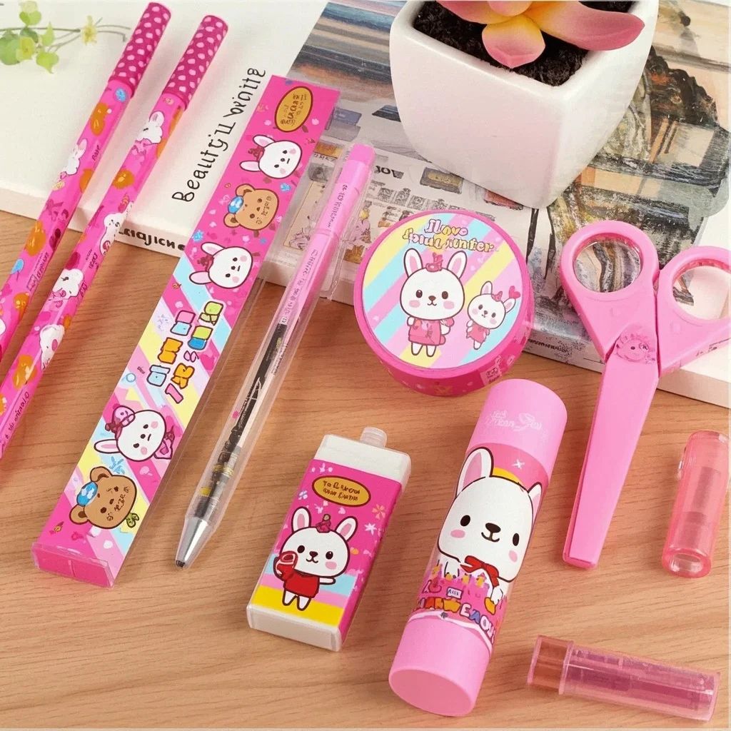10-in-1 Cartoon Kids Stationery Set Perfect School Supplies Toddlers & Primary Students Stationery Fun Learning Gift Birthday/Back to School Prize Pencils Erasers Pencil sharpener Ruler Scissors Glue