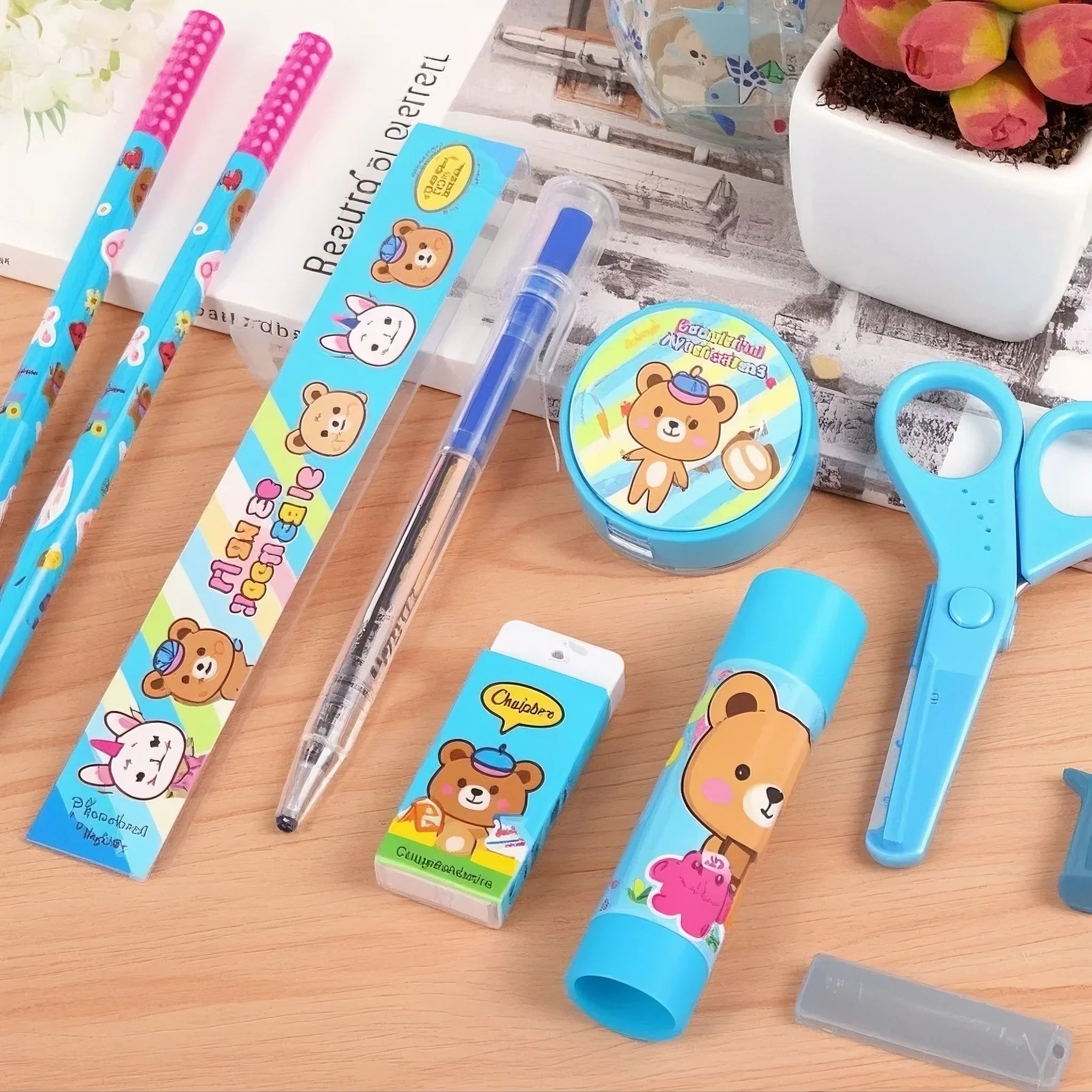 10-in-1 Cartoon Kids Stationery Set Perfect School Supplies Toddlers & Primary Students Stationery Fun Learning Gift Birthday/Back to School Prize Pencils Erasers Pencil sharpener Ruler Scissors Glue