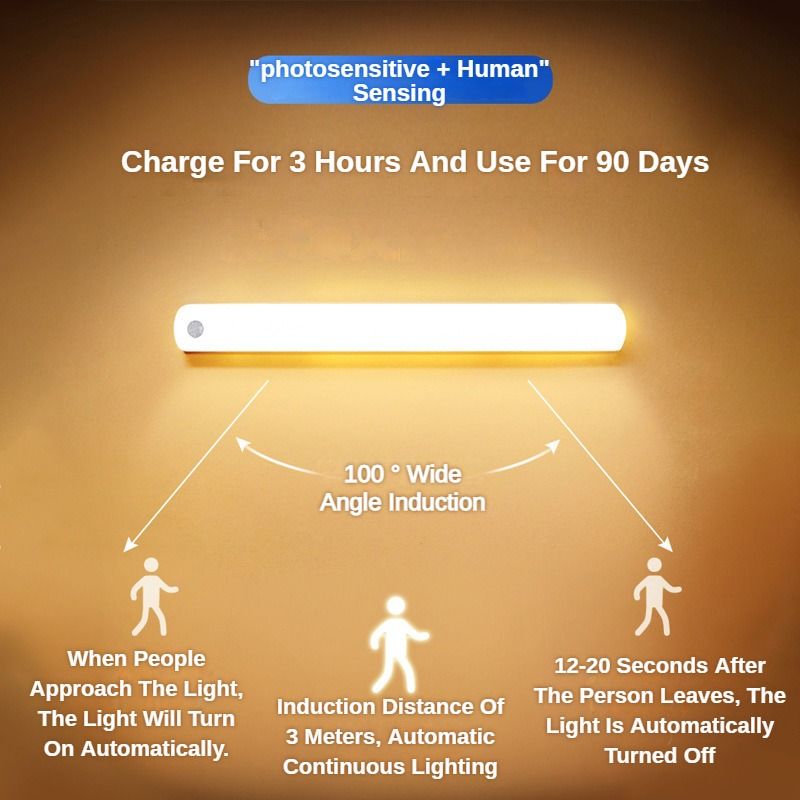 LED Motion Sensor Light - Induction Night Wall Lamp Strip | USB Charging Wireless Smart Light| Bedroom Cabinet Stairs Hallway Bathroom Kitchen Parlor Closet Wardrobe Entrance Ceiling Walls