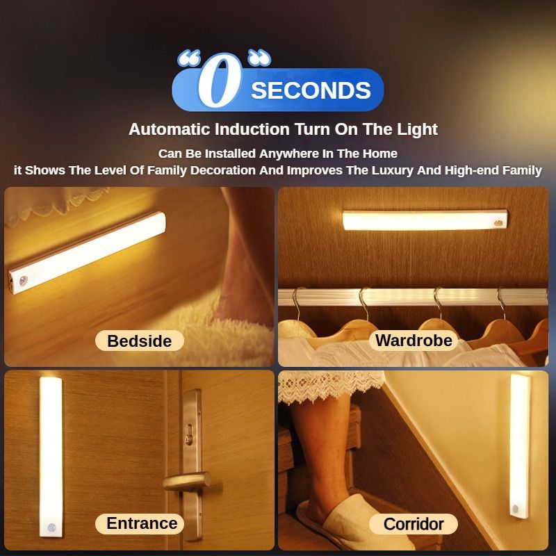 LED Motion Sensor Light - Induction Night Wall Lamp Strip | USB Charging Wireless Smart Light| Bedroom Cabinet Stairs Hallway Bathroom Kitchen Parlor Closet Wardrobe Entrance Ceiling Walls