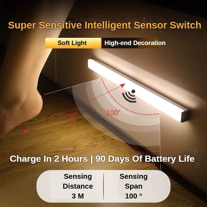 LED Motion Sensor Light - Induction Night Wall Lamp Strip | USB Charging Wireless Smart Light| Bedroom Cabinet Stairs Hallway Bathroom Kitchen Parlor Closet Wardrobe Entrance Ceiling Walls