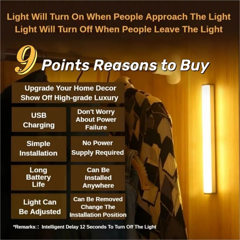 LED Motion Sensor Light - Induction Night Wall Lamp Strip | USB Charging Wireless Smart Light| Bedroom Cabinet Stairs Hallway Bathroom Kitchen Parlor Closet Wardrobe Entrance Ceiling Walls
