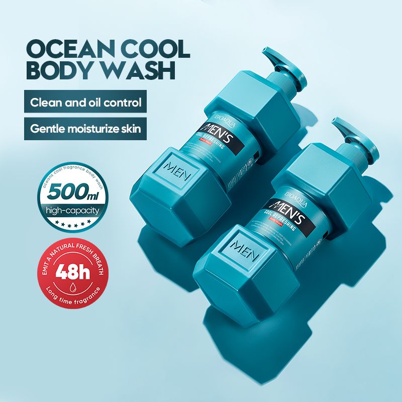 (1pc body wash +4 free bath sponges as a gift)SADOER 500ml OCEAN COOL Men's Body Wash Amino Acid Clean gently Nourishing skin Moisturizing Fragrance Shower Gel remove dirt Remove mites