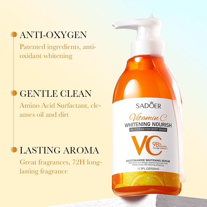 (4pcs free bath sponges as a gift) SADOER 520ml vitamin C WHITENING NOURISH REJUVENATION Body Wash Amino Acid Clean gently Nourishing skin Moisturizing Fragrance Shower Gel remove dirt Remove mites