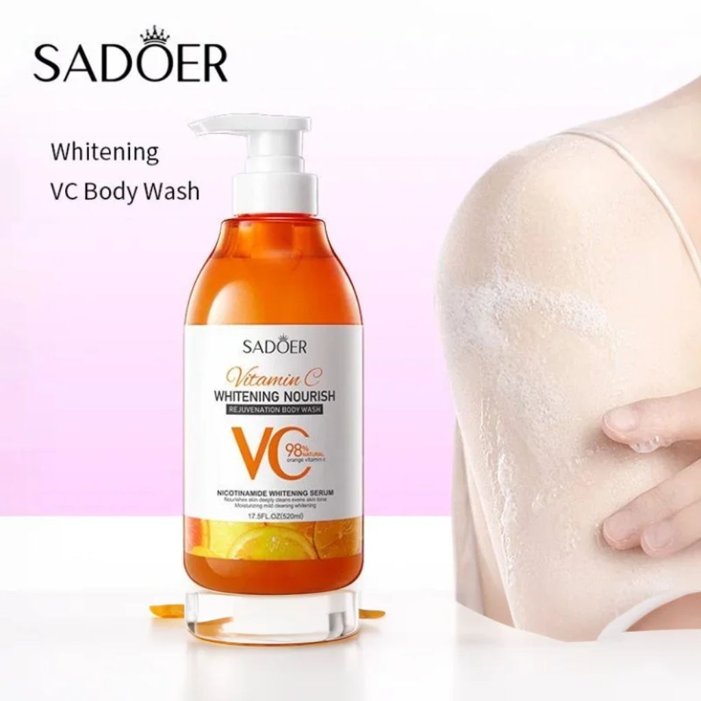 (4pcs free bath sponges as a gift) SADOER 520ml vitamin C WHITENING NOURISH REJUVENATION Body Wash Amino Acid Clean gently Nourishing skin Moisturizing Fragrance Shower Gel remove dirt Remove mites