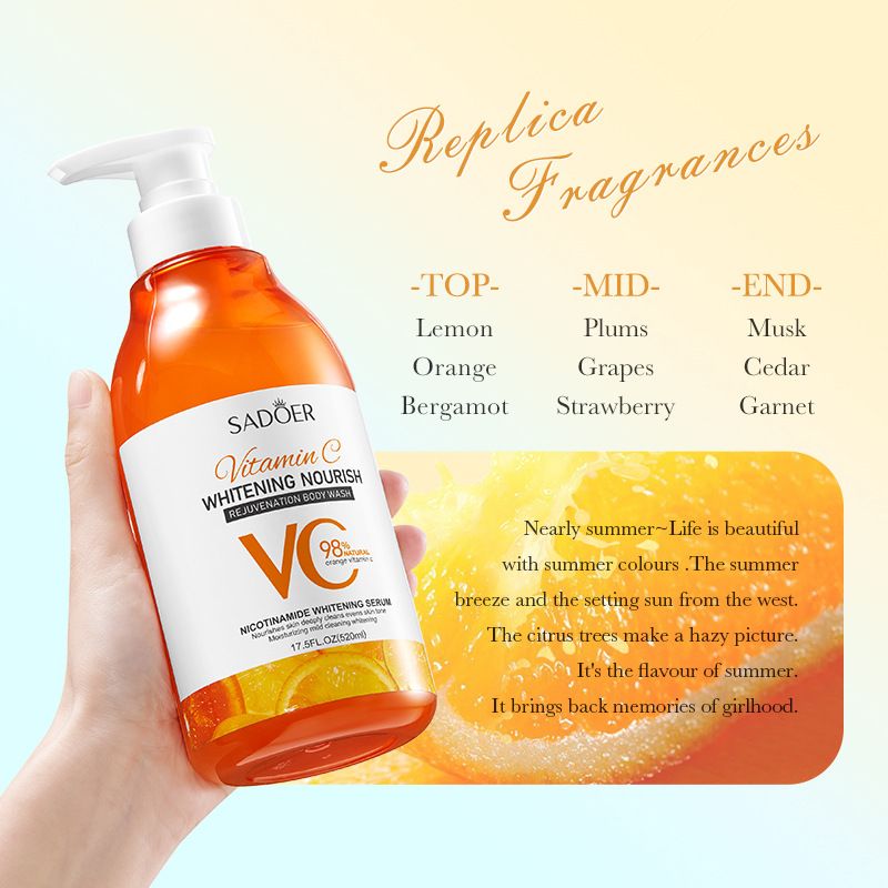 (4pcs free bath sponges as a gift) SADOER 520ml vitamin C WHITENING NOURISH REJUVENATION Body Wash Amino Acid Clean gently Nourishing skin Moisturizing Fragrance Shower Gel remove dirt Remove mites
