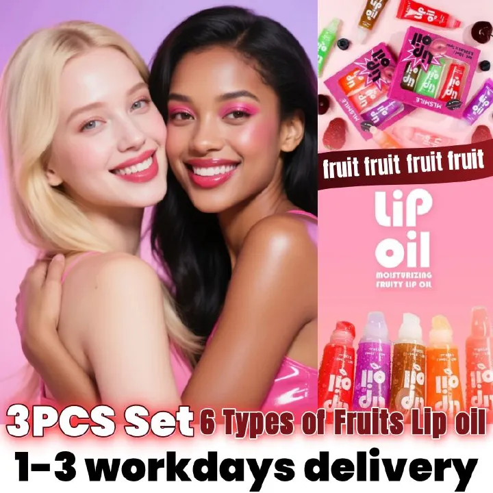 3pcs  Fruity Lip Oil, Deep Moisturizing Lipstick, Mirror Gloss Lip Glaze, Fuller Lips, 6 Fruits Strawberry/Grape/Cantaloupe/Orange/Coconut/Peach