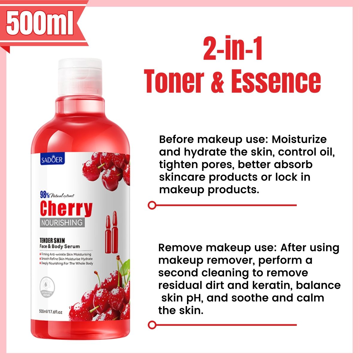 500ml Natural Plants Serum Sadoer Skin Care - Moisturize Hydrating Brightening Whitening Acne Treatment Firming Anti-wrinkle Nourish Anti-dark Repair Skin Salicylic Acid Niacinamide