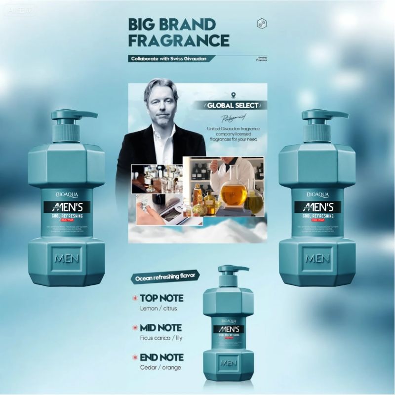 (4pcs free gift) SADOER 500ml Men's Body Wash OCEAN COOL  Amino Acid Clean gently Nourishing skin Moisturizing Fragrance Shower Gel remove dirt Remove mites