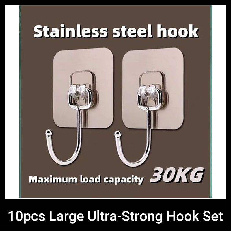 10pcs Large Ultra-strong Hook Set Load-bearing Hook Hanger Stainless Steel Solid Hook Bathroom Rust-proof Removable Wider Thicker Hooks Strong Self Adhesive Hooks Waterproof Hook Kitchen Hook