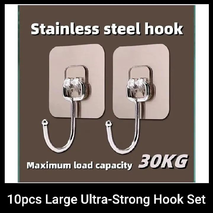10pcs Large Ultra-strong Hook Set Load-bearing Hook Hanger Stainless Steel Solid Hook Bathroom Rust-proof Removable Wider Thicker Hooks Strong Self Adhesive Hooks Waterproof Hook Kitchen Hook