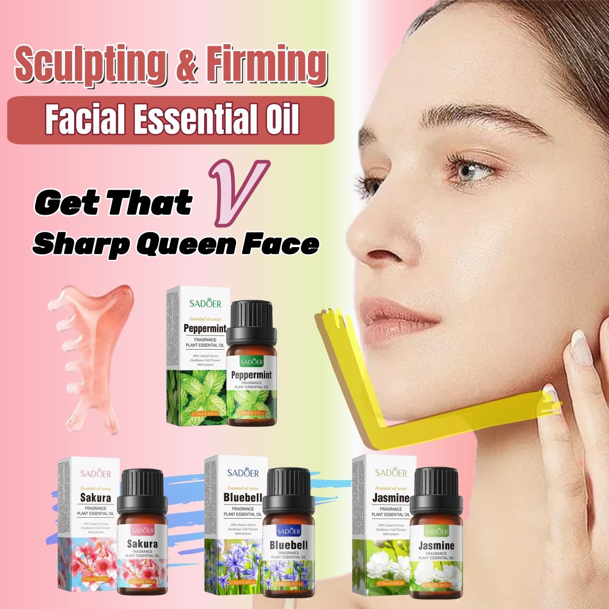 SADOER Face Slimming Essential Oil Skin Care Set Slim Facial Double Chin Jawline V-shaped Face Natural Firming Contouring Serum Anti-Bloating Puffiness Reduction Multi Functional Massage Comb