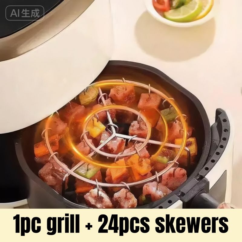 Air Fryer Grill & Rack Set Grill Gridiron Home Griller BBQ Grill Barbecue Grill Veggies Rust Proof Stainless Steel Skewer Rack 24pcs Skewer Grill Hanging Circular Oven Grill Rack Meet Beef Chicken