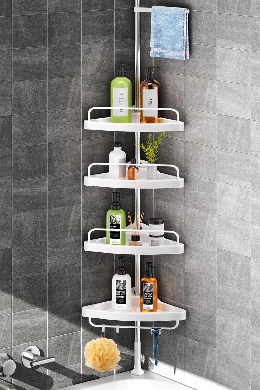 Corner Shower Caddy Tension Pole: Adjustable Stainless Steel Shower Organizer with 4 Tier Shelf for Bathroom Bathtub Tub Shampoo - Floor Standing Rack Bath Storage Holder with Rust Proof Rods