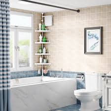 Corner Shower Caddy Tension Pole: Adjustable Stainless Steel Shower Organizer with 4 Tier Shelf for Bathroom Bathtub Tub Shampoo - Floor Standing Rack Bath Storage Holder with Rust Proof Rods