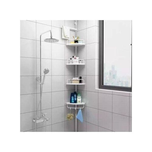 Corner Shower Caddy Tension Pole: Adjustable Stainless Steel Shower Organizer with 4 Tier Shelf for Bathroom Bathtub Tub Shampoo - Floor Standing Rack Bath Storage Holder with Rust Proof Rods