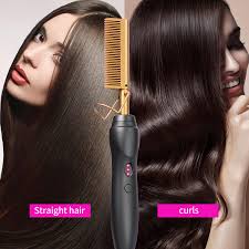 Hot Comb Multi-Functional Hair Straightener, Electric Heating Comb Hair Straightener  (Black Gold)