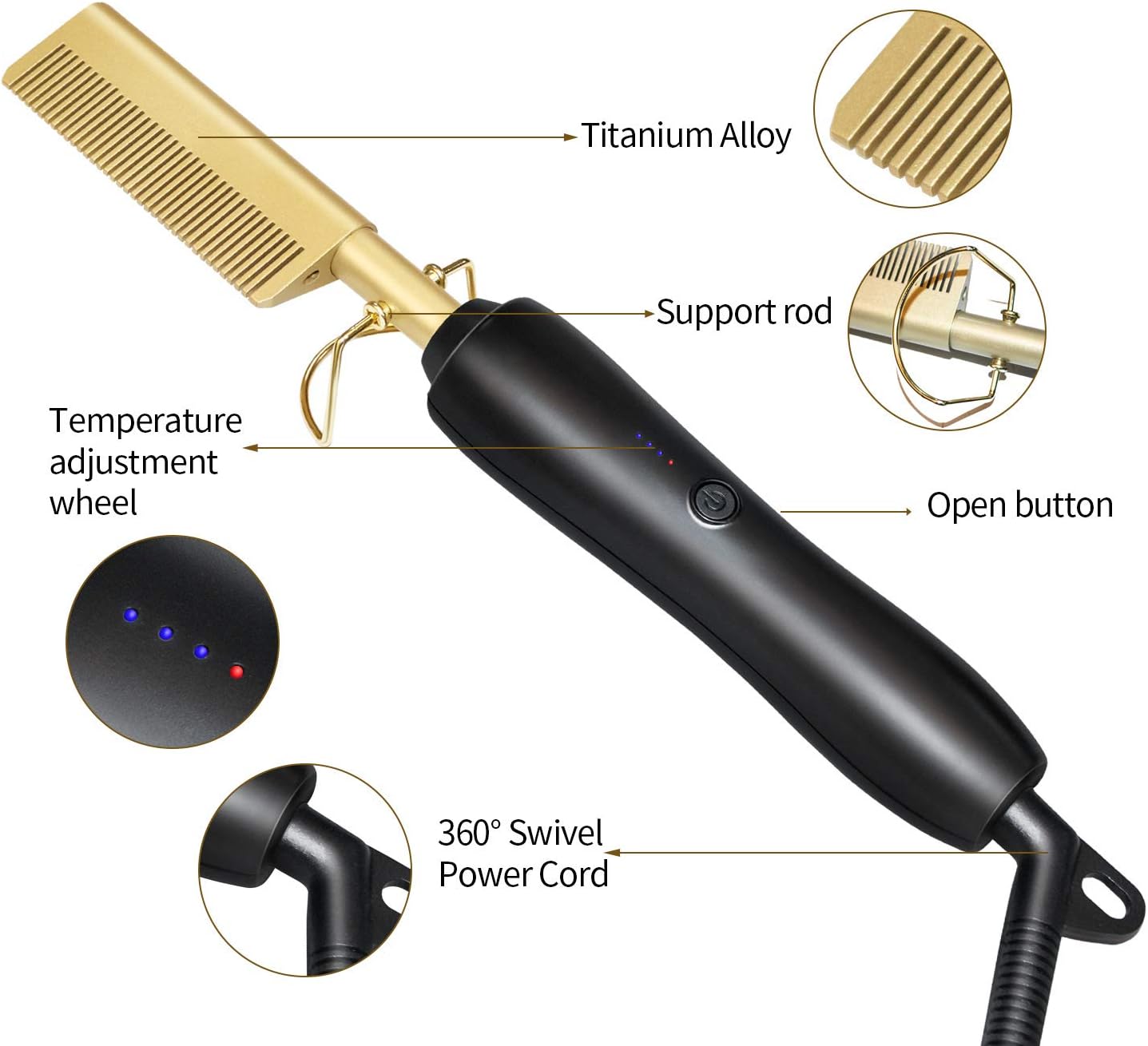 Hot Comb Multi-Functional Hair Straightener, Electric Heating Comb Hair Straightener  (Black Gold)
