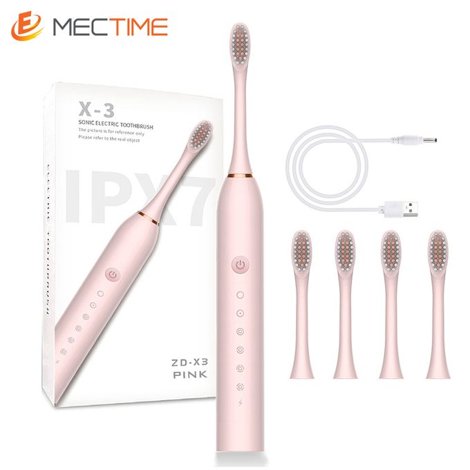 X-3 Sonic Electric Toothbrush, IPX7 Waterproof, Powerful Rechargeable with Replaceable Heads, 6 Cleaning Modes, Advanced Gum Care & Plaque Removal - Pink, kid, Youth, Adults, 1 Count