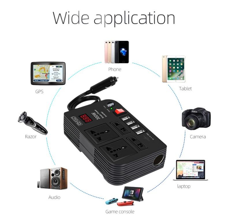 300W Car Power Inverter Dc to Ac 12V to 240V With 4 Ac ports, 4 USB ports + cigarette lighter
