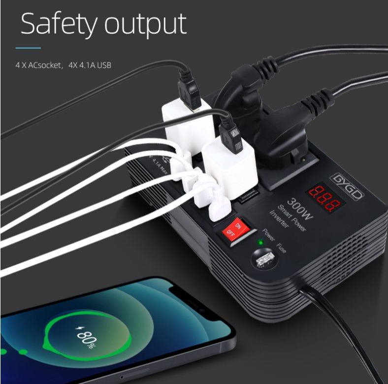 300W Car Power Inverter Dc to Ac 12V to 240V With 4 Ac ports, 4 USB ports + cigarette lighter