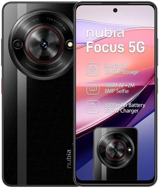 ZTE Nubia Focus 5G  Dual Sim ,14GB RAM, 256GB ROM, With 108MP Big, Bold, And Impressive Camera, 5000mAh Battery, Android 13 -Unlocked  Black, Excellent Condition, Free Phone case, Screen Protector