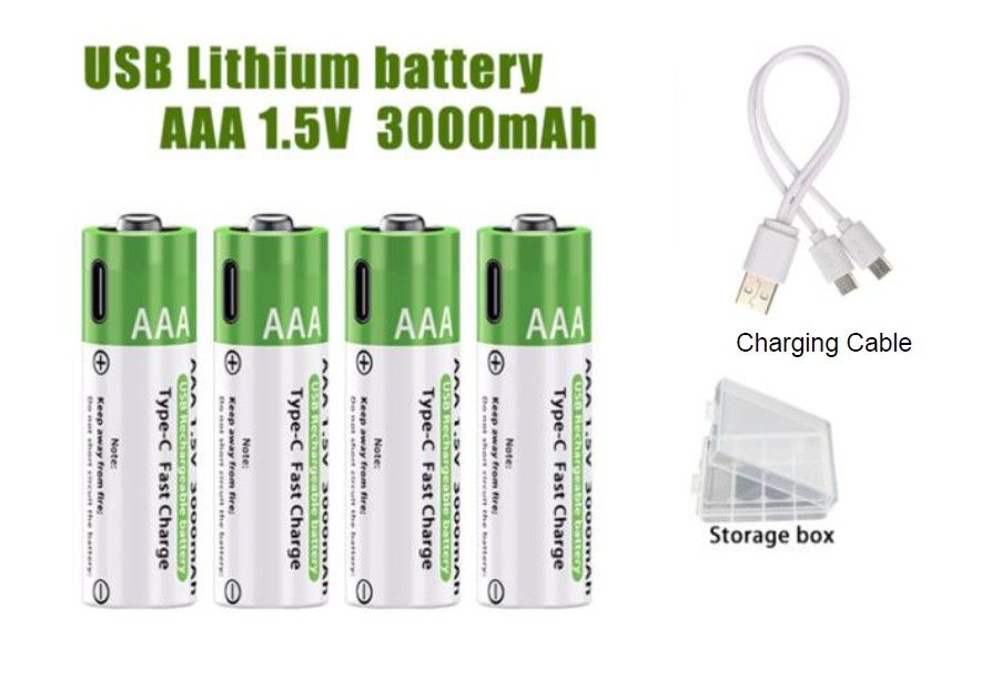 USB Rechargeable Batteries 4pcs (Triple) AAA 1.5V 3000mah Lithium batteries with SUB charging cable with light indicator