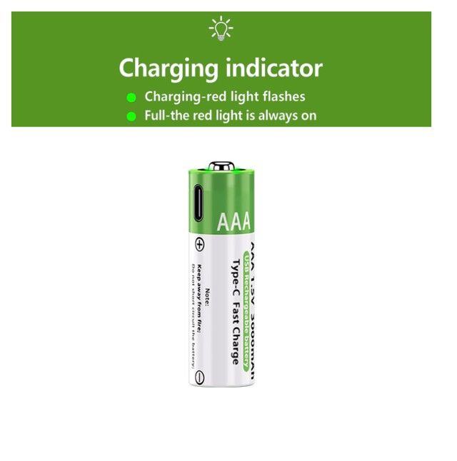 USB Rechargeable Batteries 4pcs (Triple) AAA 1.5V 3000mah Lithium batteries with SUB charging cable with light indicator