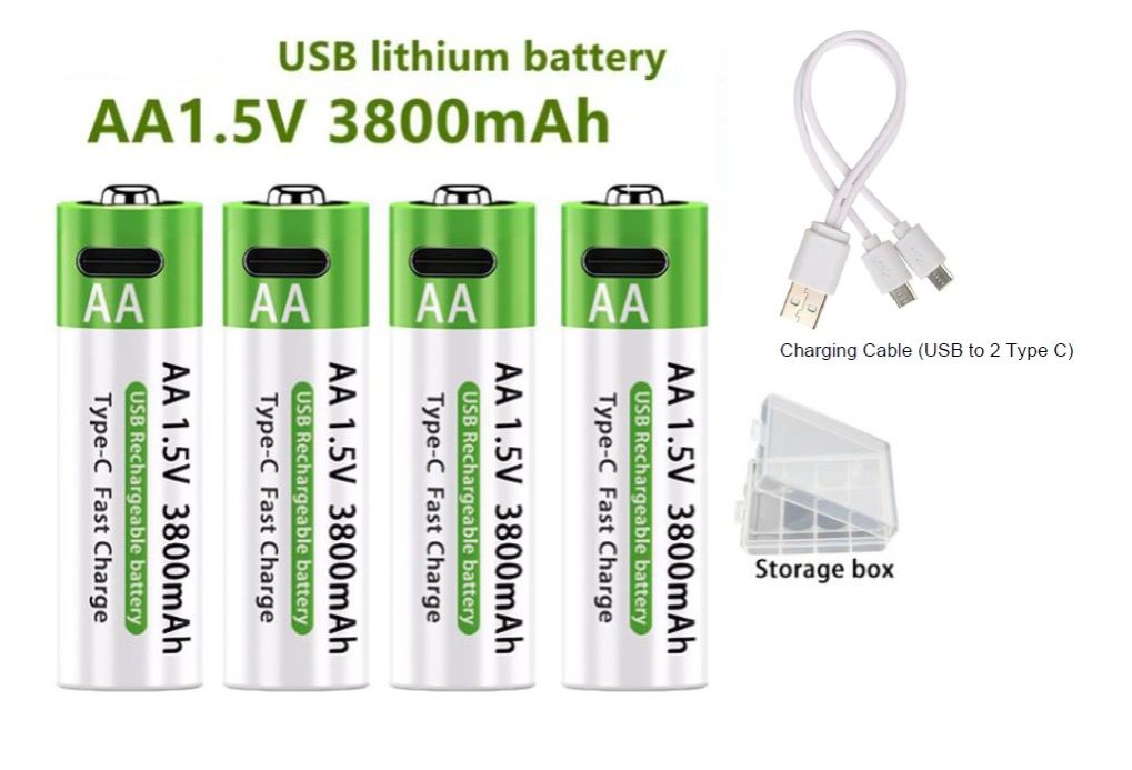 USB Rechargeable Batteries 4pcs (Double) AA 1.5V 3800mah Lithium batteries with USB charging cable with light indicator