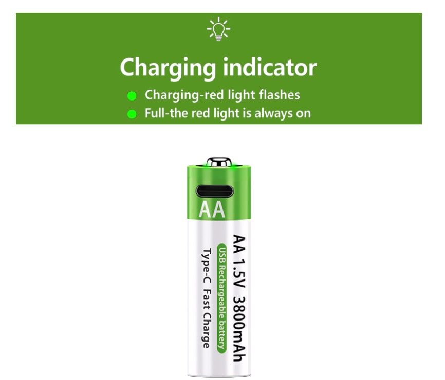 USB Rechargeable Batteries 4pcs (Double) AA 1.5V 3800mah Lithium batteries with USB charging cable with light indicator